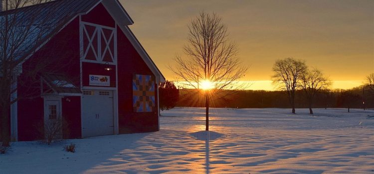 A barn in sunlight and snow.